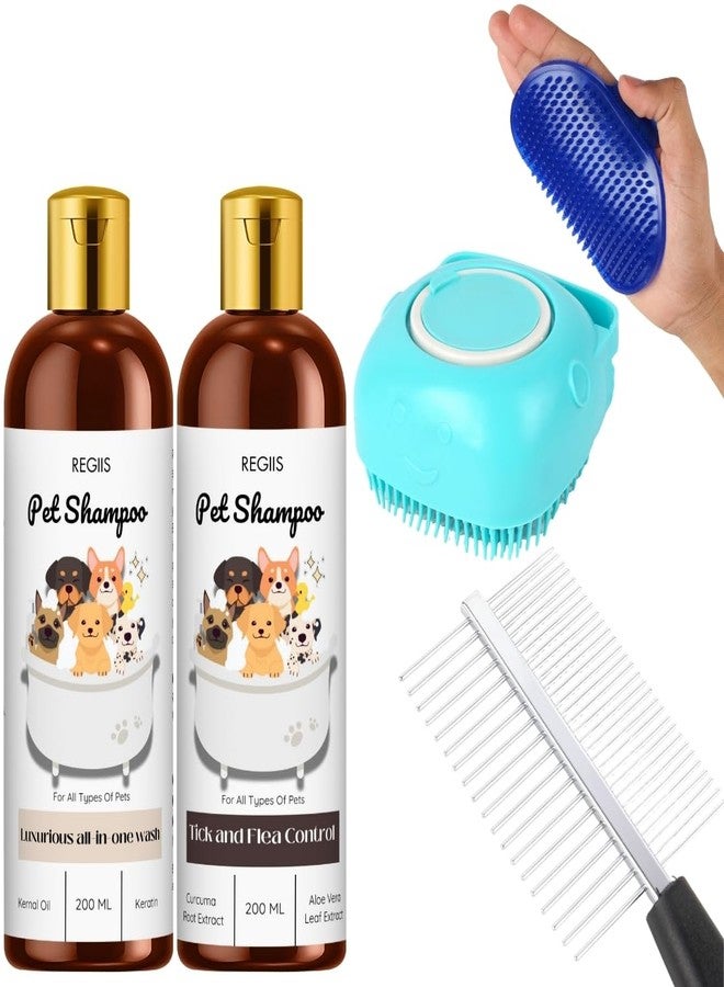 REGIIS Regis Pet Shampoo Set with Grooming Brush, Luxurious All-in-One Wash and Tick Control Formula, 200ml, 2 Bottles with Silicone Bath Brush and Comb(PACK OF 5) - Image 1